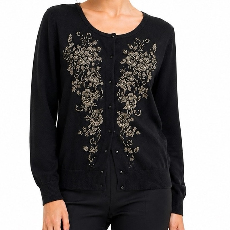 Vintage Grannycore Size L Hand Beaded Cardigan Sweater Black Button Front Knit